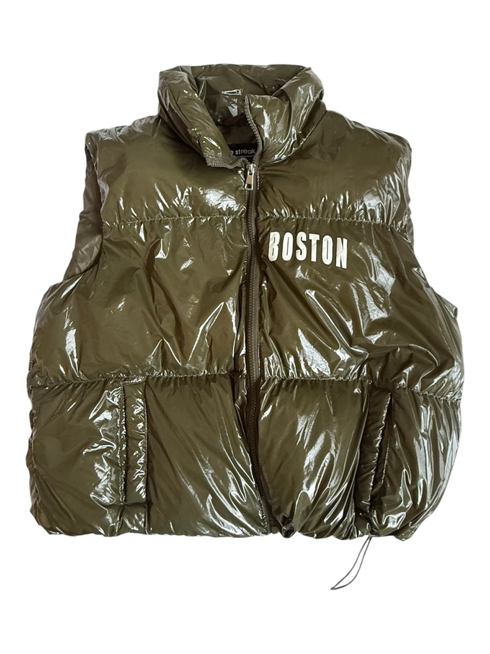Love Streak Boston Puffer Vest Olive Green Glossy Shiny Sleeveless Jacket XL